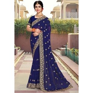 Embroidered Georgette Saree in Navy Blue